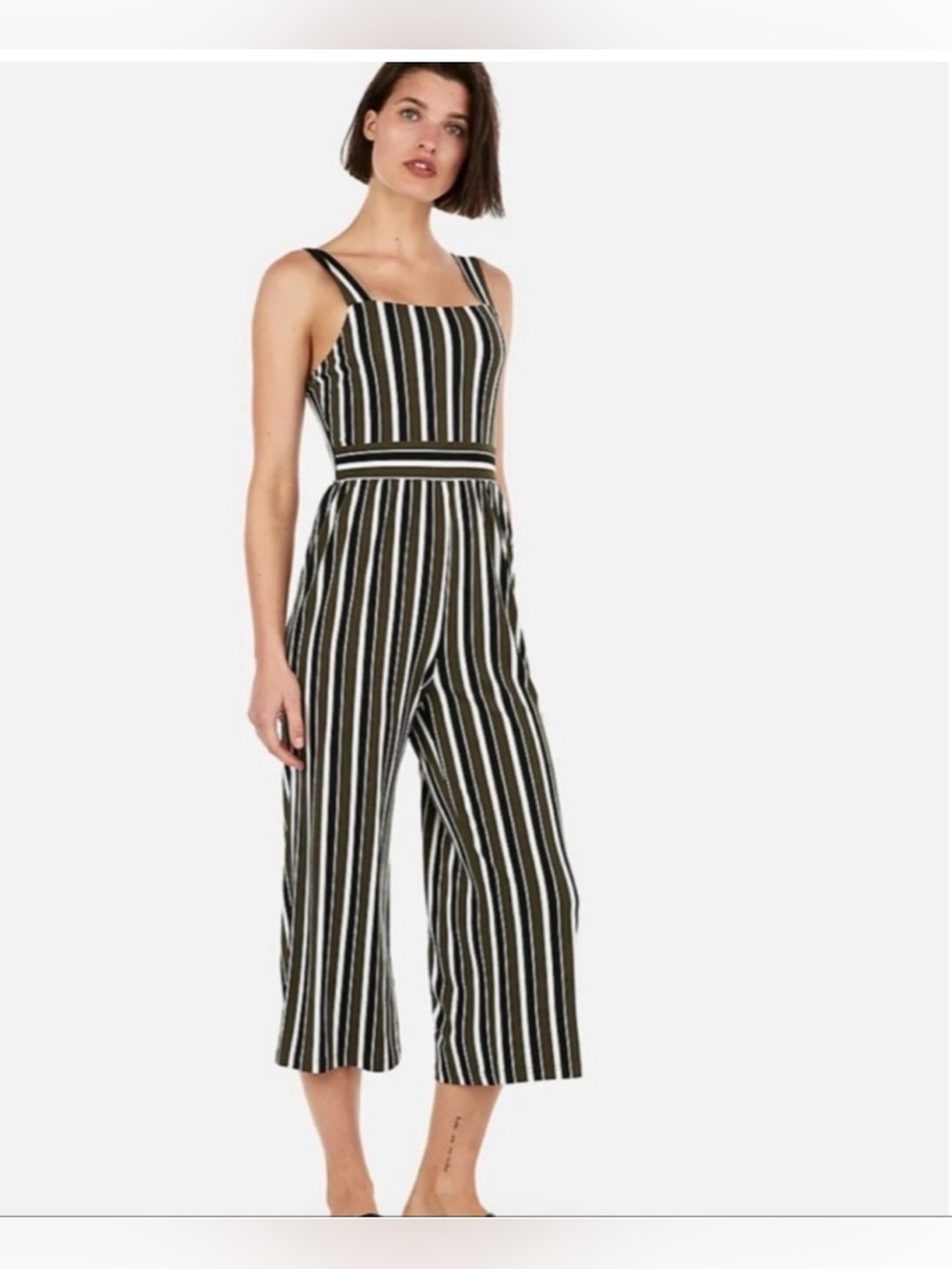 Express Olive, Black & White Striped Jumpsuit Size XS
